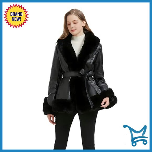 Faux Leather Jacket with Faux Fur Collar, Peplum Parka Coat with Belt, Winter - Picture 3 of 7